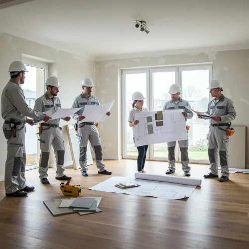 imagen12 3 "Equipo de profesionales de la construcción revisando planos y materiales en una renovación residencial moderna con acabados de alta calidad y atención al detalle."
