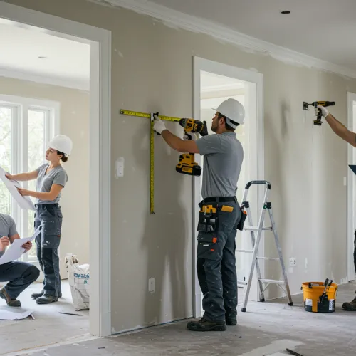 imagen13 3 "Trabajadores de la construcción en un interior bien iluminado, realizando un proceso de renovación con mediciones precisas, uso de herramientas avanzadas y supervisión de calidad en un entorno profesional."