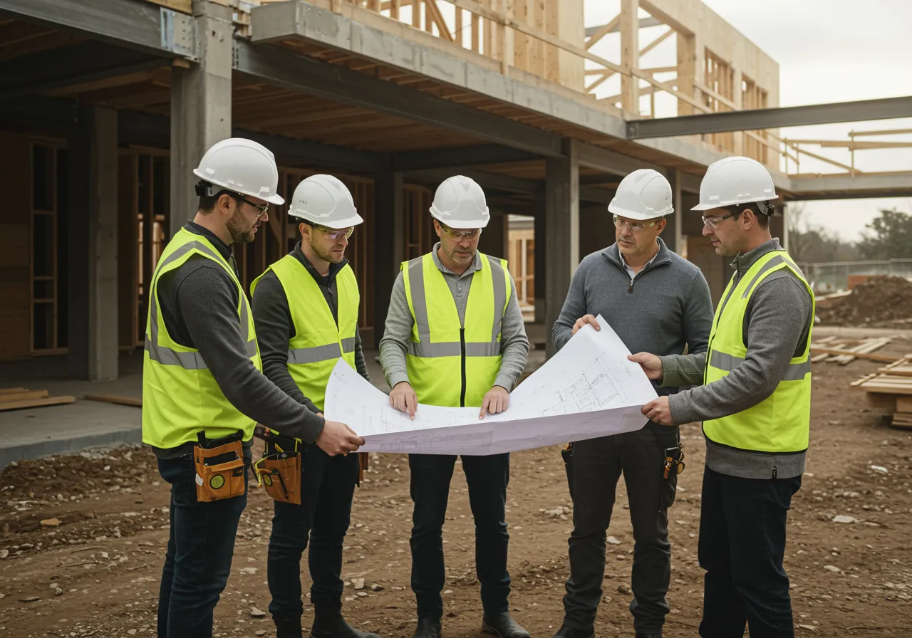 imagen26 "Grupo de arquitectos y trabajadores de la construcción revisando planos en un sitio de obra con materiales sostenibles, reflejando atención personalizada y técnicas innovadoras en construcción."