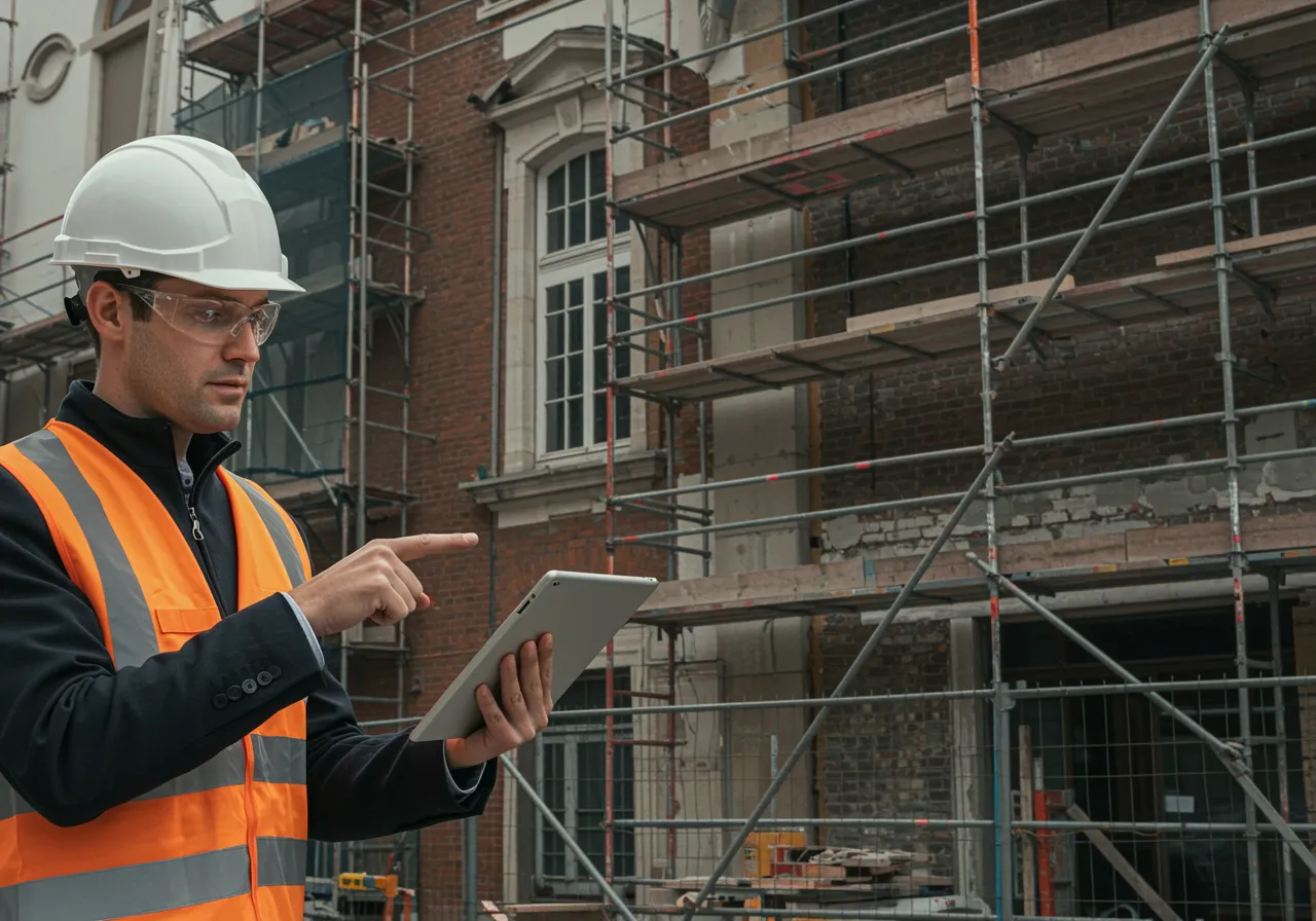 imagen27 "Ingeniero de construcción en chaleco de alta visibilidad y casco, supervisando un proyecto de renovación con tablet y colaborador, destacando soluciones integradas y comunicación efectiva."