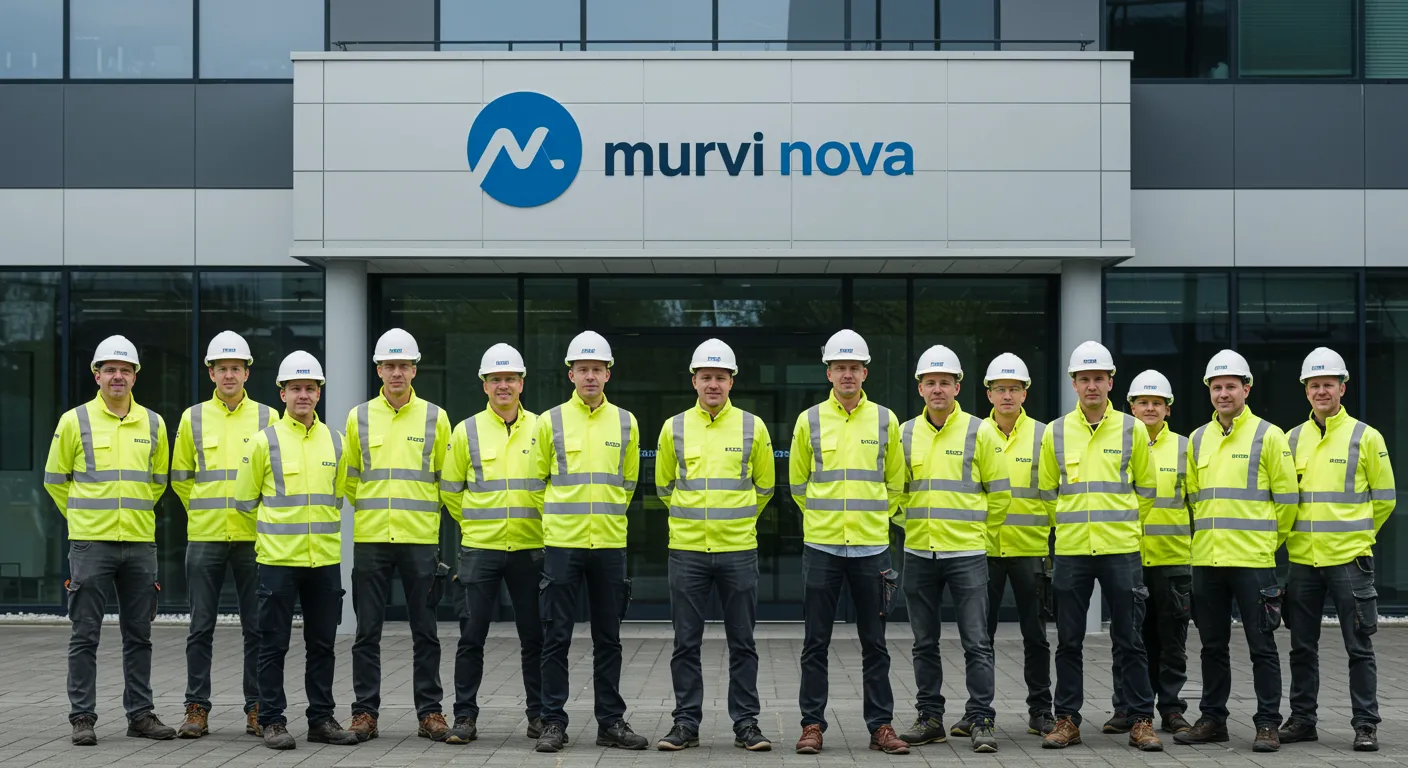 imagen5 "Retrato profesional del equipo de Murvi Nova, compuesto por expertos en construcción con cascos y chalecos de seguridad, frente a un moderno edificio de oficinas."